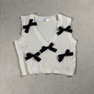 MOD ON TREND Sweater Vest Womens M Cream Black Bows Coquette Balletcore Preppy